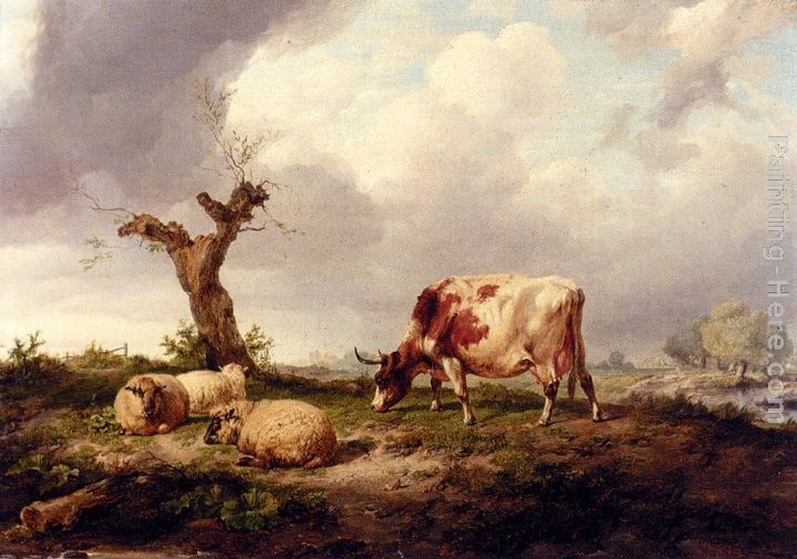 A Cow With Sheep In A Landscape painting - Thomas Sidney Cooper A Cow With Sheep In A Landscape art painting